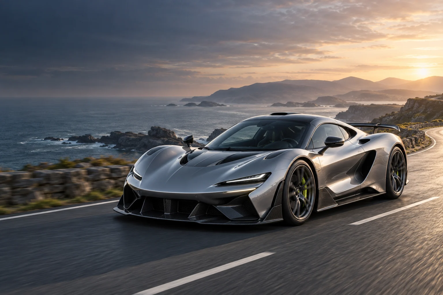 Silver performance car on a coastal road